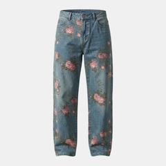 Unisex rose print wide-leg floral denim jeans for men, showing the colorful rose pattern and relaxed fit.