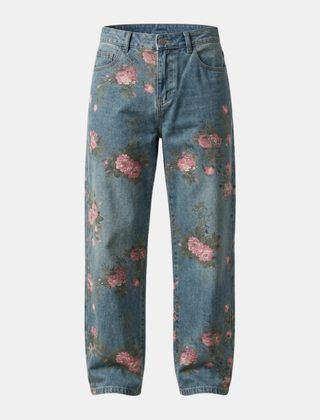 Unisex rose print wide-leg floral denim jeans for men, showing the colorful rose pattern and relaxed fit.
