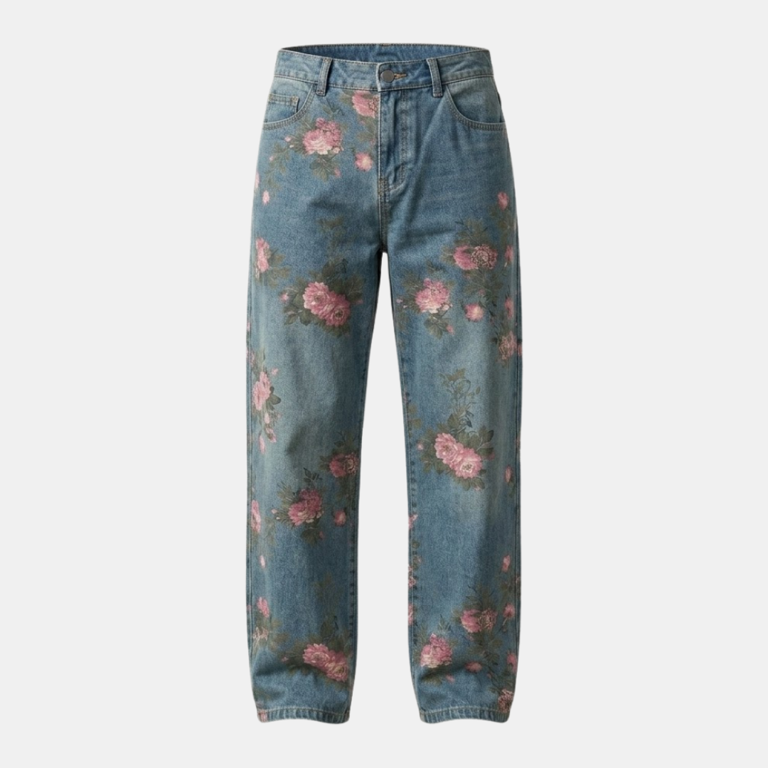 Unisex rose print wide-leg floral denim jeans for men, showing the colorful rose pattern and relaxed fit.