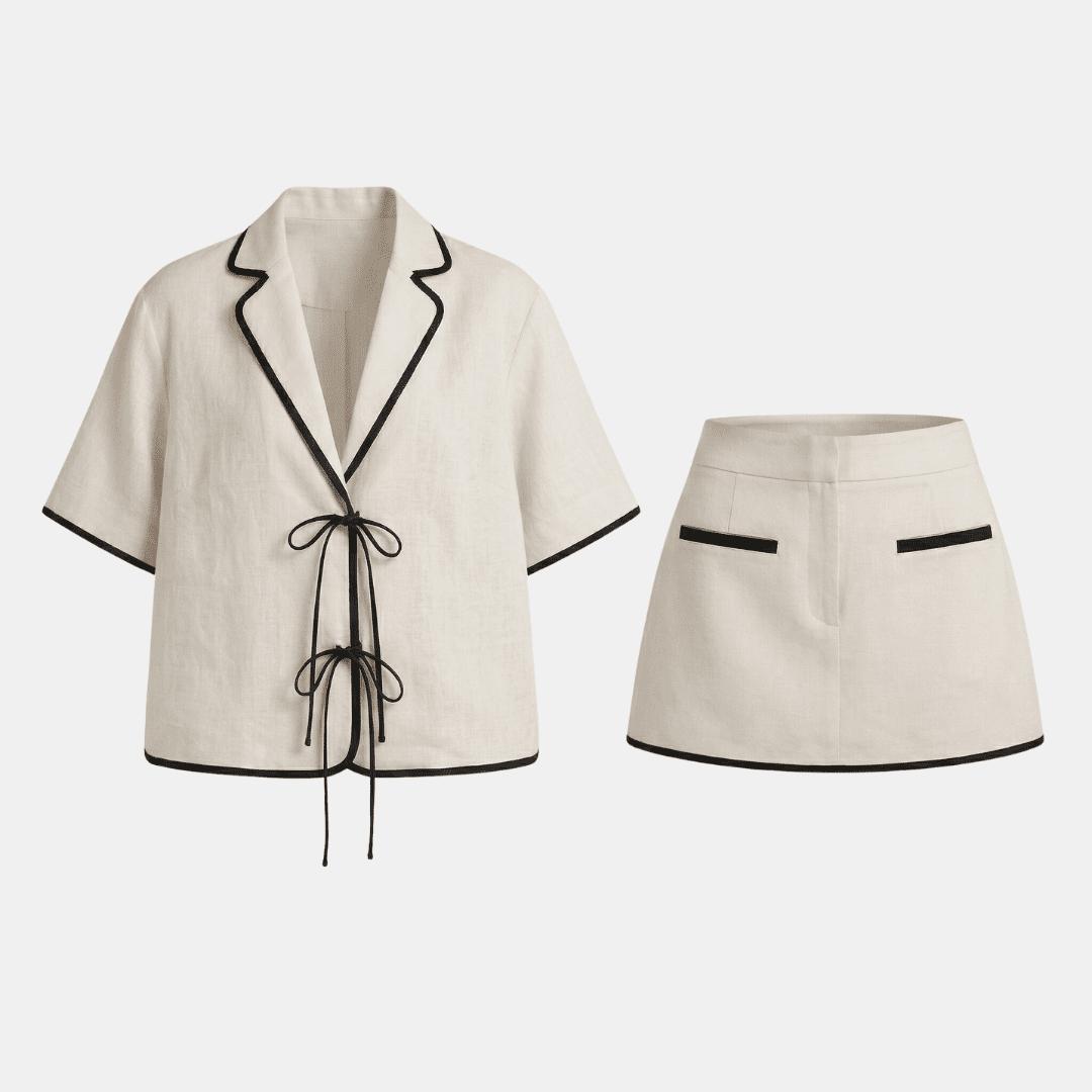 Ivory linen-blend shirt and skirt co-ord set for women by Tammy Bradley, shown with the matching top and skirt laid out flat.