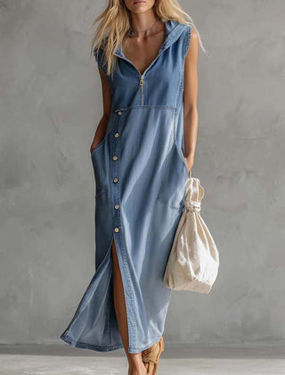 Blue denim V-neck midi dress from My Store featuring a casual, relaxed fit and stylish design perfect for everyday wear.