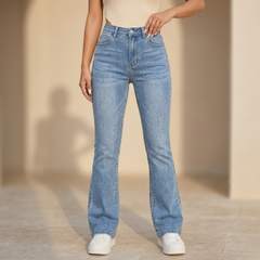 Women's high waist slim fit bootcut jeans in cotton denim, stylish pants for women with a flattering silhouette.