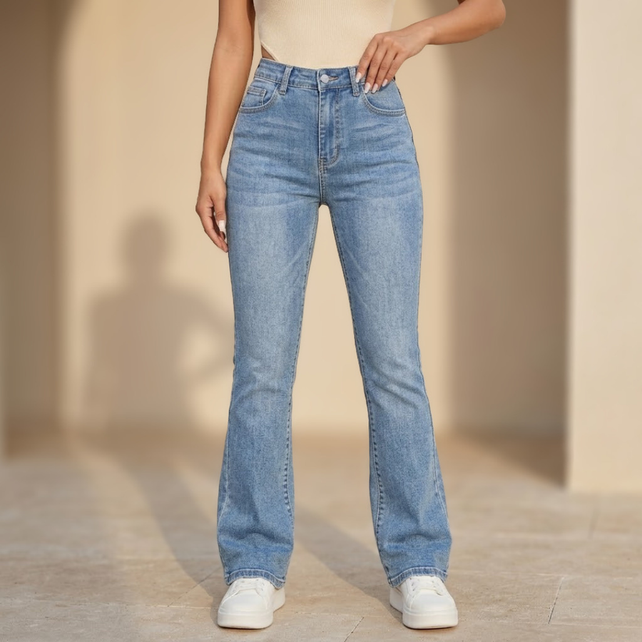 Women's high waist slim fit bootcut jeans in cotton denim, stylish pants for women with a flattering silhouette.