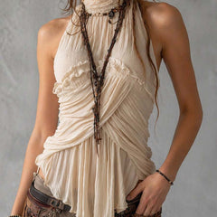 Ivory sleeveless chiffon halter neck blouse with pleated design for women, stylish and elegant from My Store.