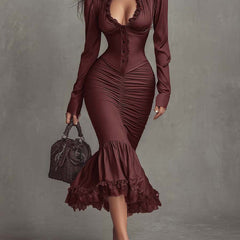 Dusty mauve lace ruched midi dress from My Store, elegant evening dress with lace detailing and fitted design.