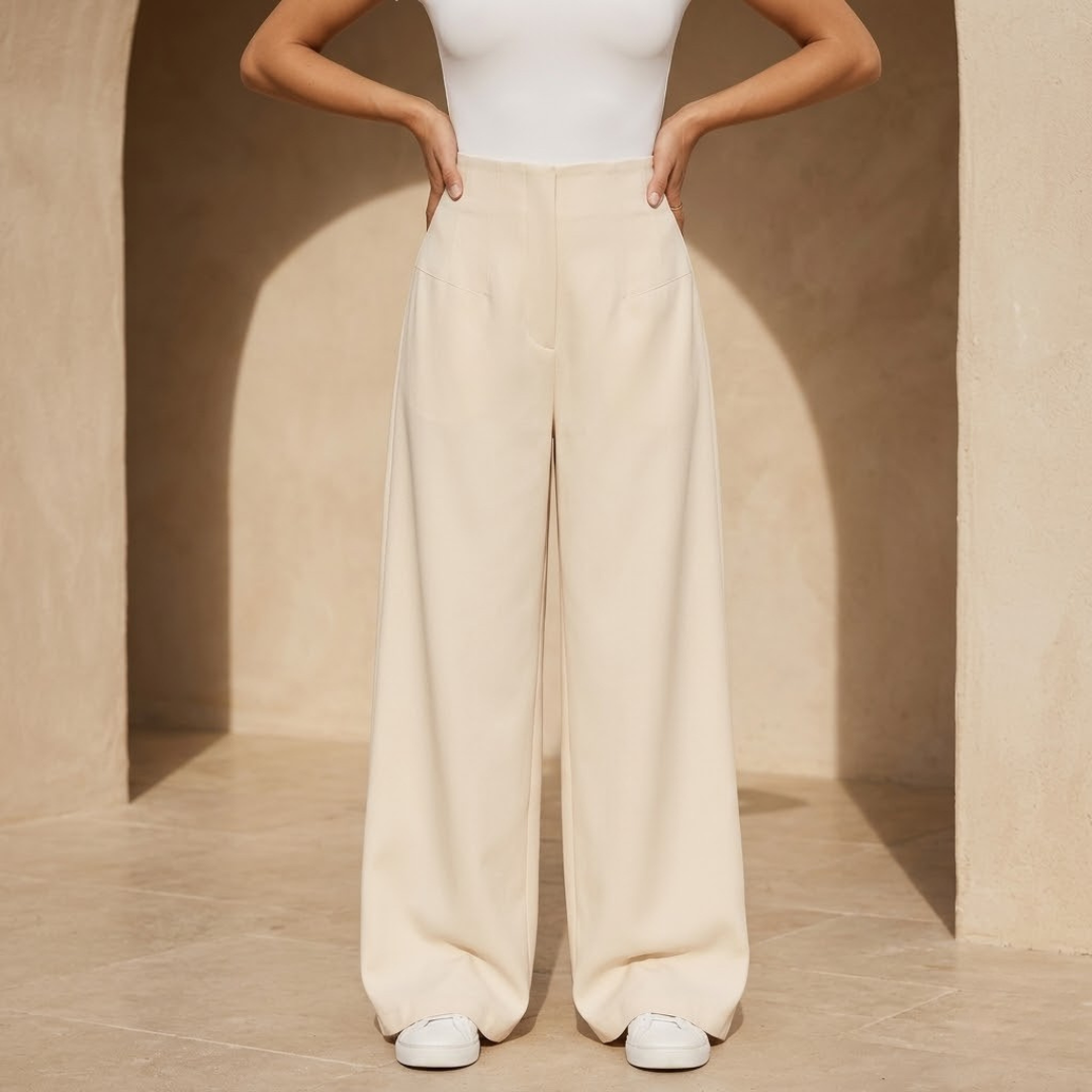 Women's high-waisted tailored wide-leg trousers in black, stylish and comfortable pants from My Store, shown on a model.