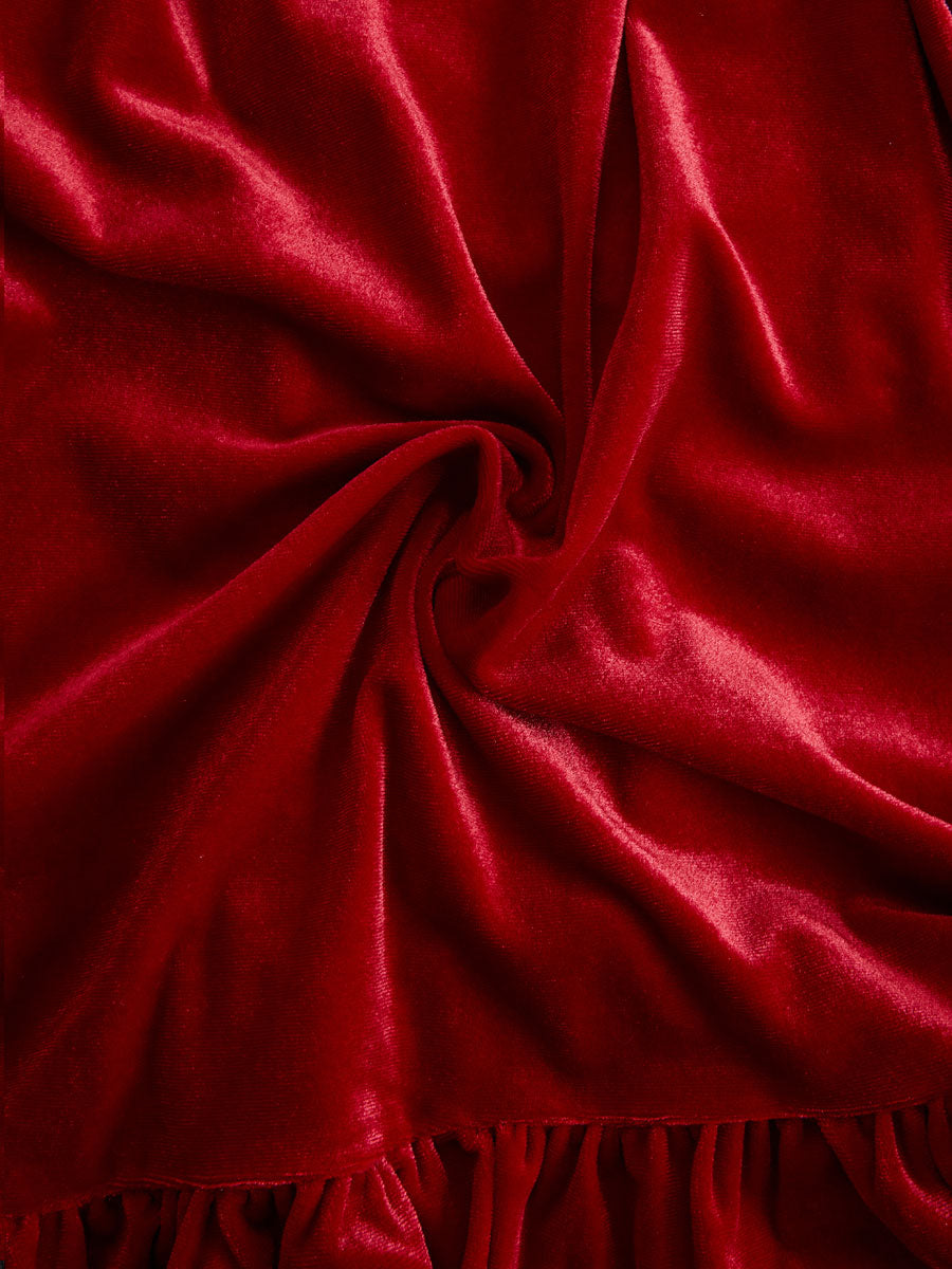 Red velvet pleated ruffled long sleeve blouse from My Store, featuring elegant detailing and a stylish design.