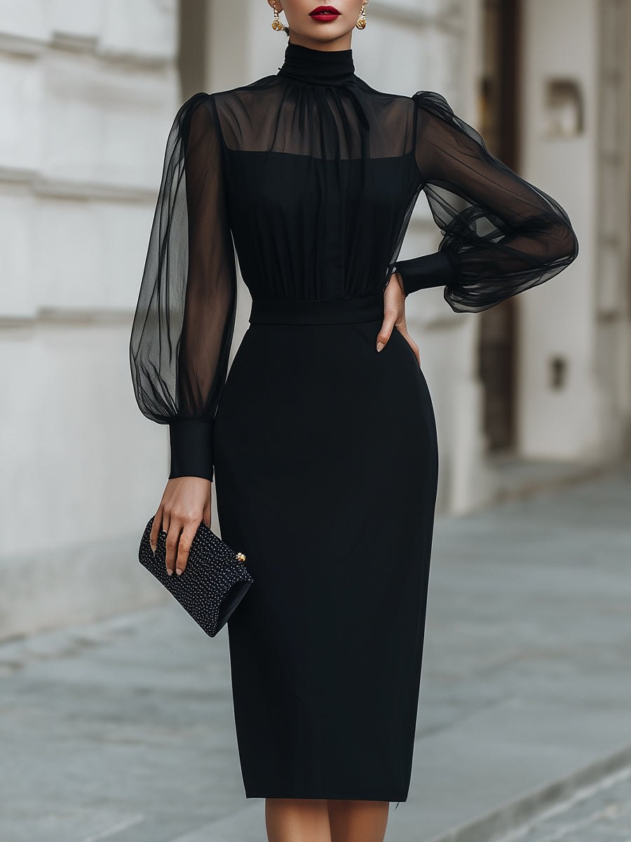 Tammy Bradley high-neck sheer-sleeve pencil midi cocktail dress for women, elegant and form-fitting with stylish sheer sleeves.