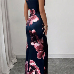 White bodycon sleeveless maxi dress with contrast color flower print and round neckline, stylish and elegant for summer wear.