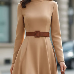 Camel turtleneck belted midi dress from My Store featuring a fitted silhouette and elegant design.