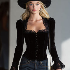 Black velvet lace long sleeve blouse for women, stylish and elegant, featuring delicate lace details and a comfortable fit.