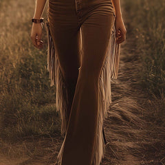 Brown Western fringe flared jeans for women with stylish flare and fringe details, casual pants ideal for boho fashion.
