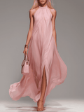Tammy Bradley chiffon halter-neck maxi dress for women, flowing fabric, elegant design, sleeveless with a high neckline.