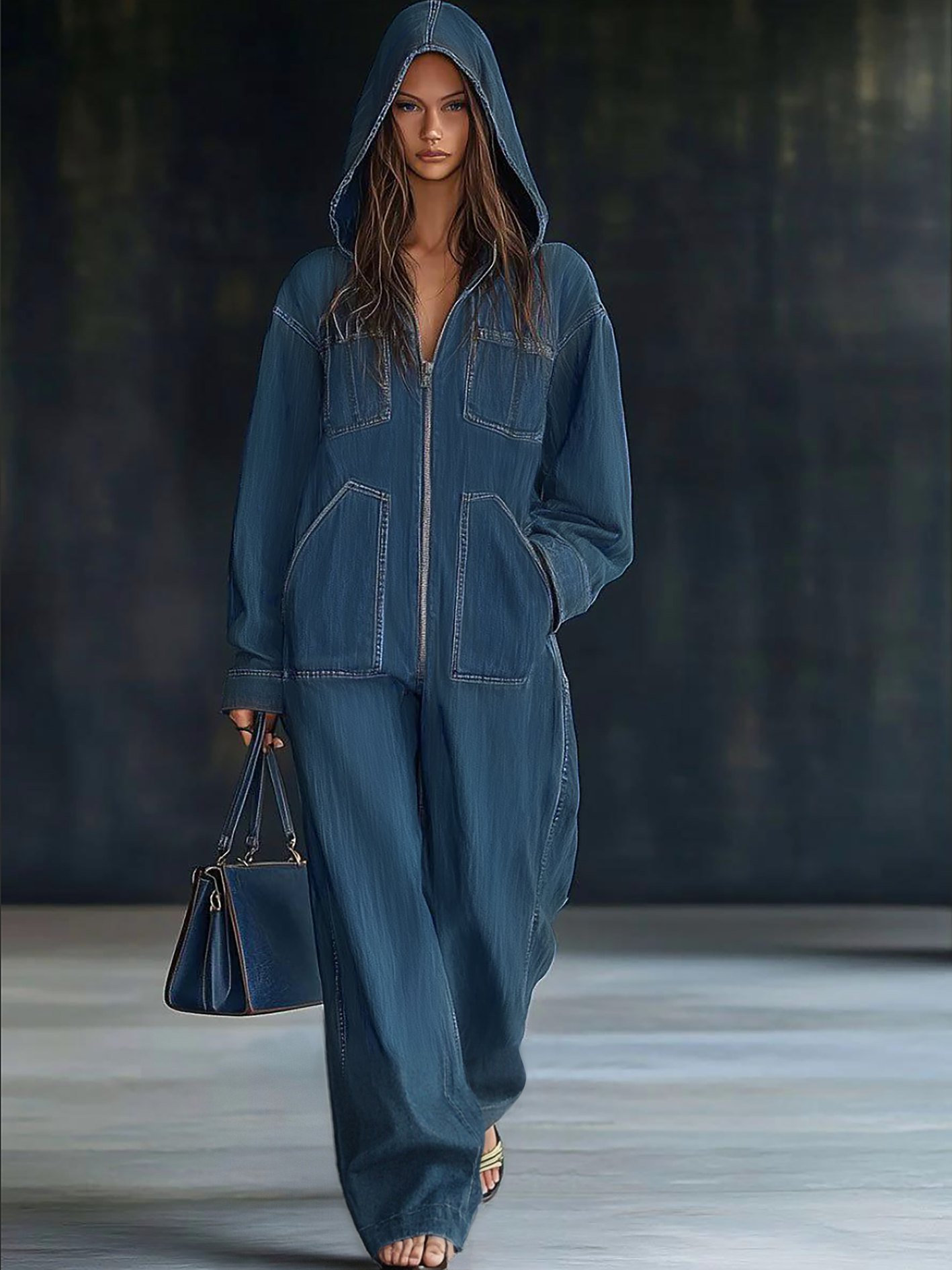 Women’s casual loose retro denim jumpsuit with hood, zipper front, long sleeves, and front pockets, stylish and comfortable.