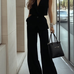 Light blue sleeveless two-piece trouser set for women with patch pockets, stylish and comfortable pants from My Store.