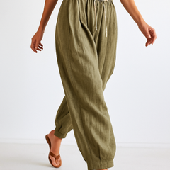 Beige tapered linen trousers for women, loose pull-on style, stylish and comfortable pants from My Store.