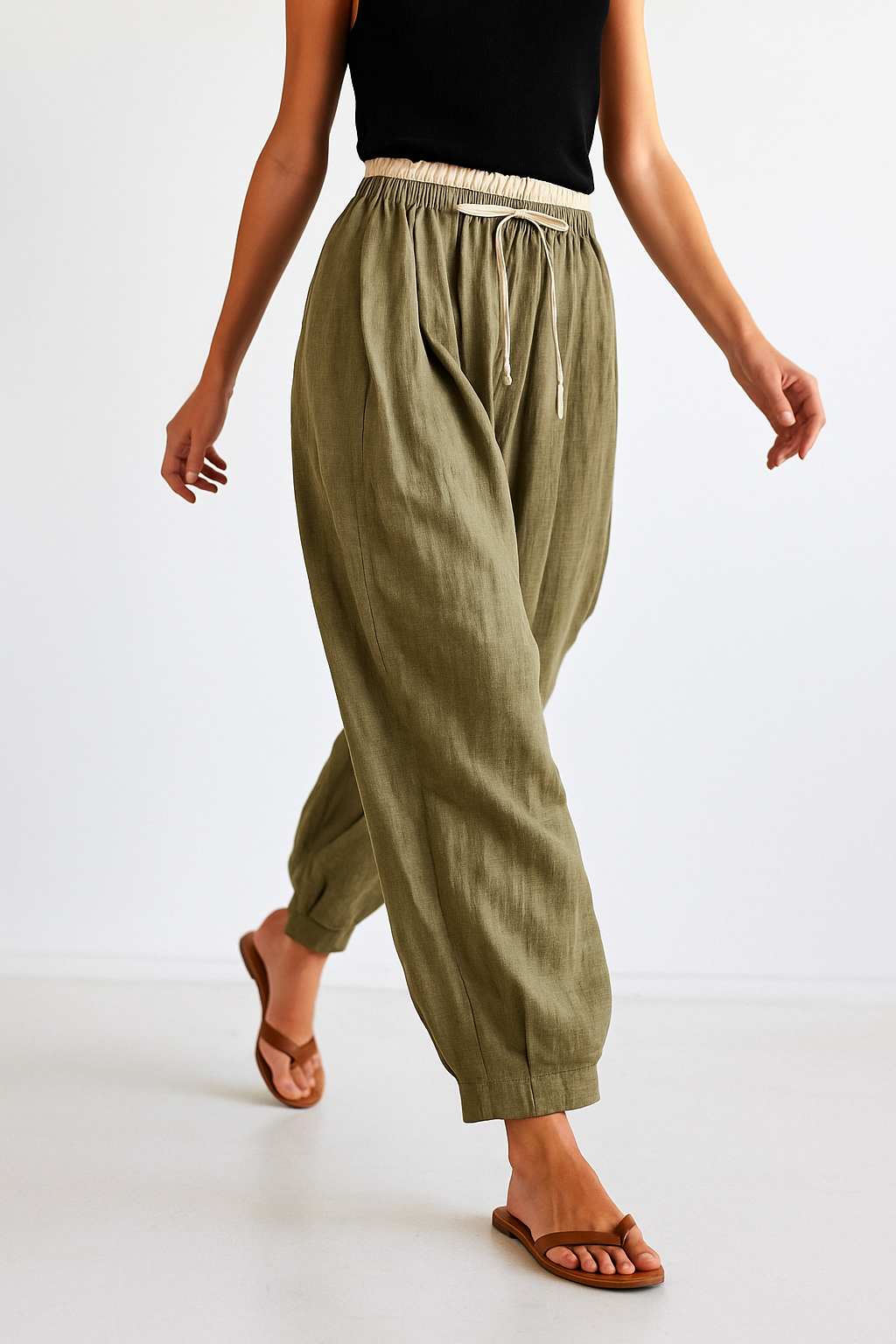 Beige tapered linen trousers for women, loose pull-on style, stylish and comfortable pants from My Store.