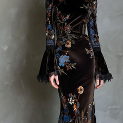 Velvet floral evening dress from My Store featuring elegant design and intricate floral patterns, perfect for formal occasions.