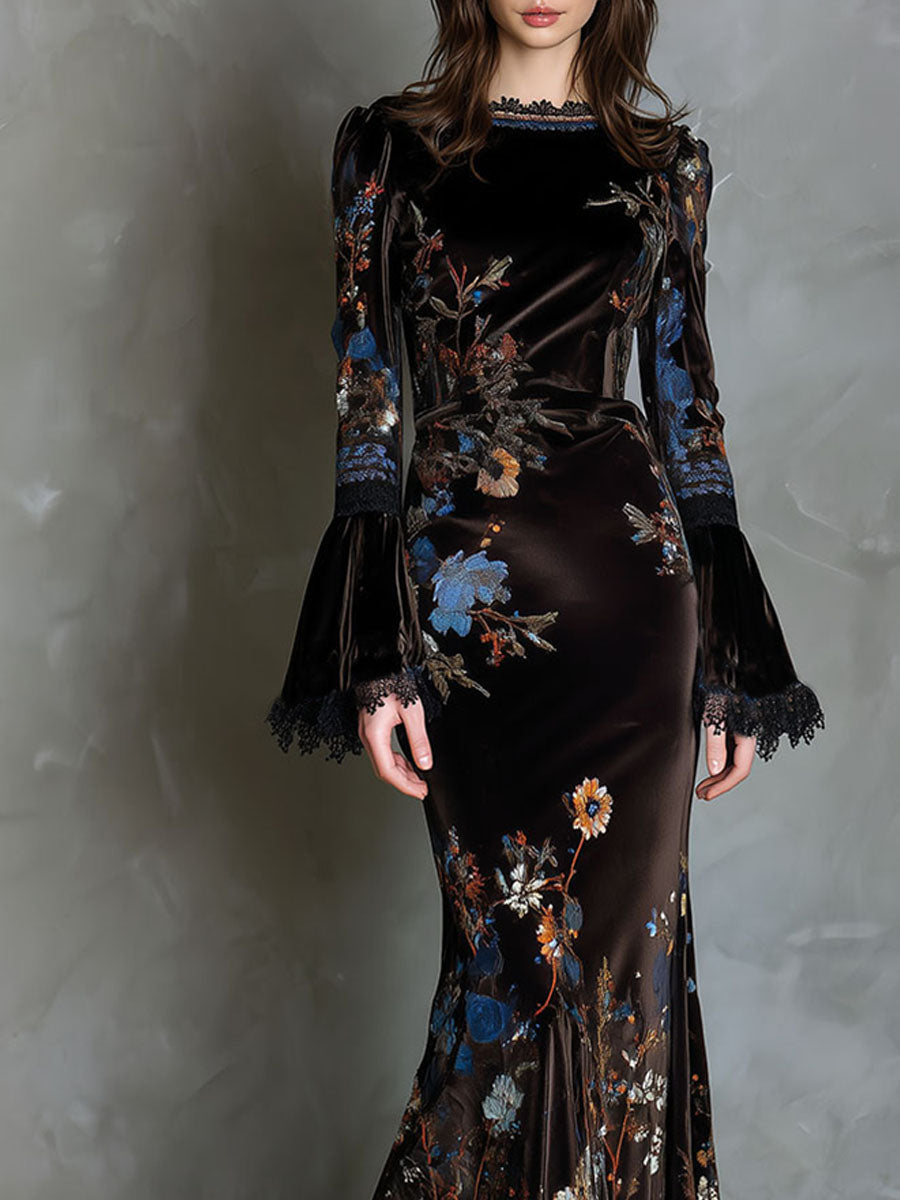 Velvet floral evening dress from My Store featuring elegant design and intricate floral patterns, perfect for formal occasions.