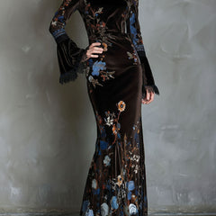 Velvet floral elegance evening dress by My Store featuring a fitted silhouette and intricate floral pattern.