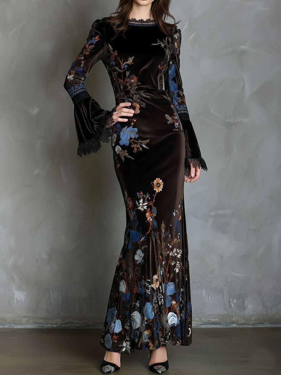 Velvet floral elegance evening dress by My Store featuring a fitted silhouette and intricate floral pattern.