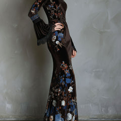 Velvet floral evening dress from My Store featuring a fitted silhouette, long sleeves, and elegant floral embroidery.