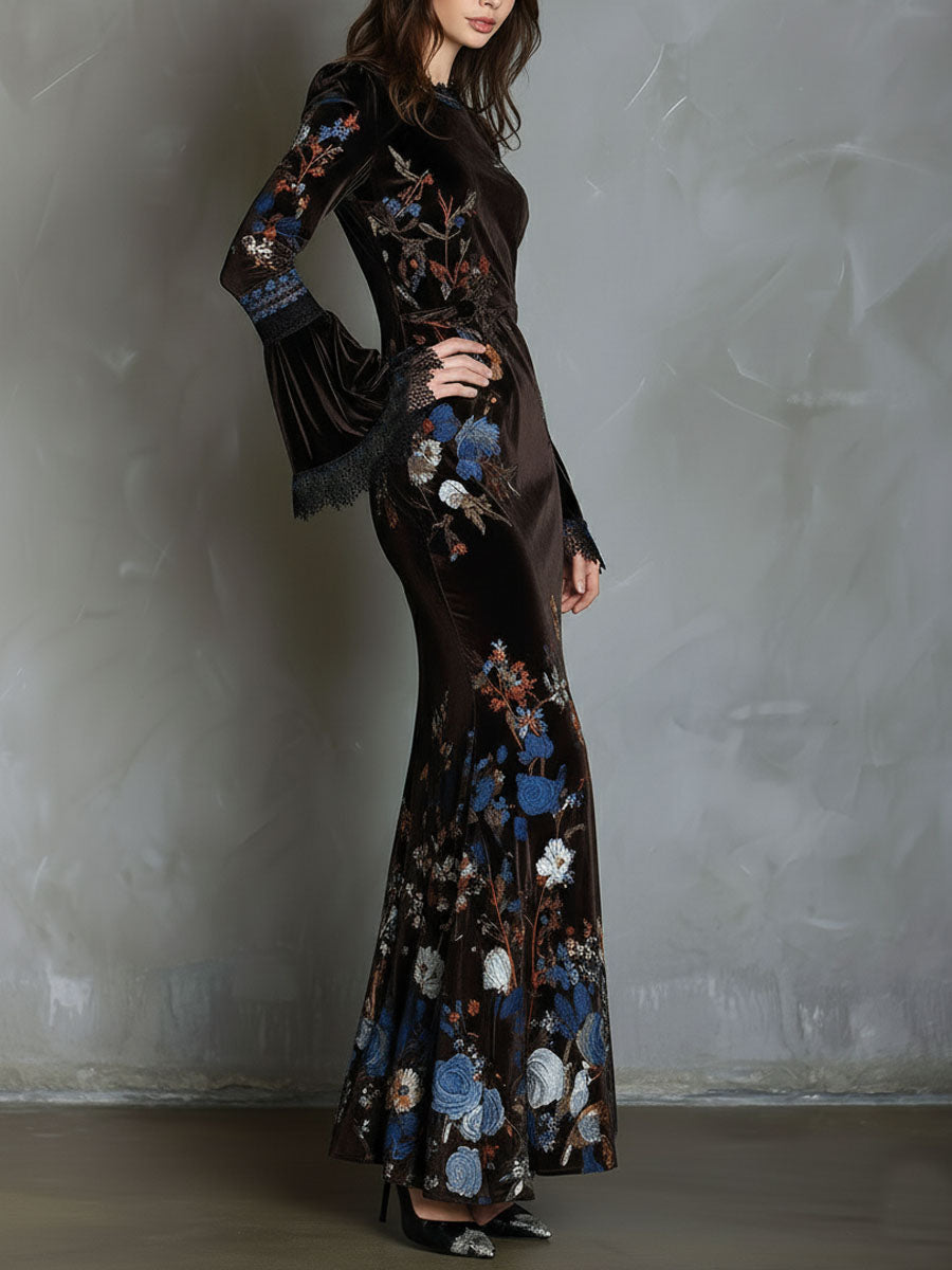 Velvet floral evening dress from My Store featuring a fitted silhouette, long sleeves, and elegant floral embroidery.