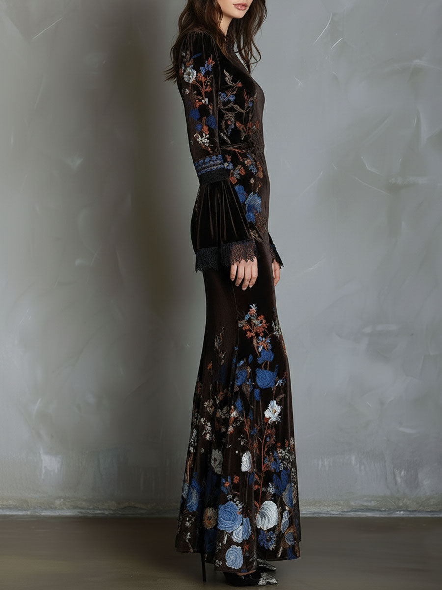 Velvet floral evening dress with elegant design, featuring intricate floral patterns and a sophisticated silhouette.
