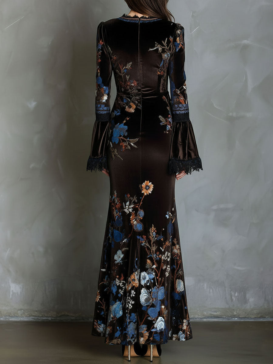 Velvet floral evening dress from My Store with elegant design, featuring a fitted bodice and flowing skirt for formal occasions.