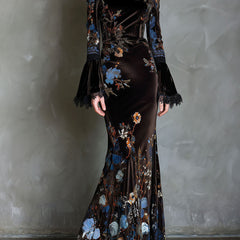 Velvet floral evening dress by My Store featuring elegant design and intricate floral patterns, perfect for formal occasions.