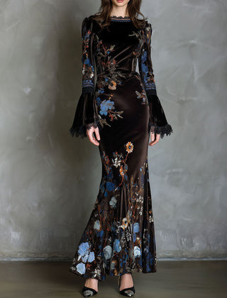 Velvet floral evening dress by My Store featuring elegant design and intricate floral patterns, perfect for formal occasions.