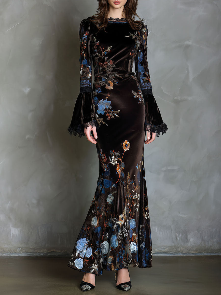 Velvet floral evening dress by My Store featuring elegant design and intricate floral patterns, perfect for formal occasions.