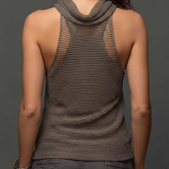 Earth tone double-layer mesh knit halter tank top from My Store, showcasing its textured fabric and stylish design.