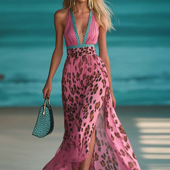Pink chiffon V-neck maxi dress for women, flowing design with a fitted waist and elegant style.