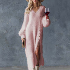 White knit V-neck midi dress for women, featuring a fitted waist and long sleeves, stylish and comfortable for casual wear.
