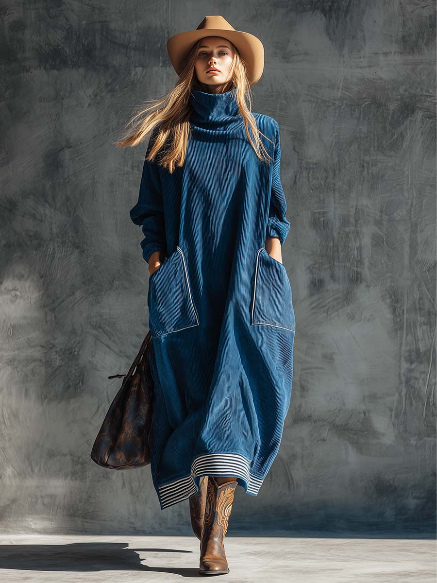 Blue corduroy midi dress by My Store, casual style with long sleeves and a fitted waist, displayed on a hanger.