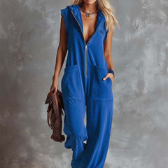Raspberry red cotton hooded zip-front jumpsuit for women, featuring a comfortable fit and stylish design.