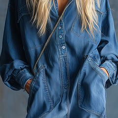 Blue denim hooded jumpsuit with button-front closure and long sleeves, designed for women, by My Store.