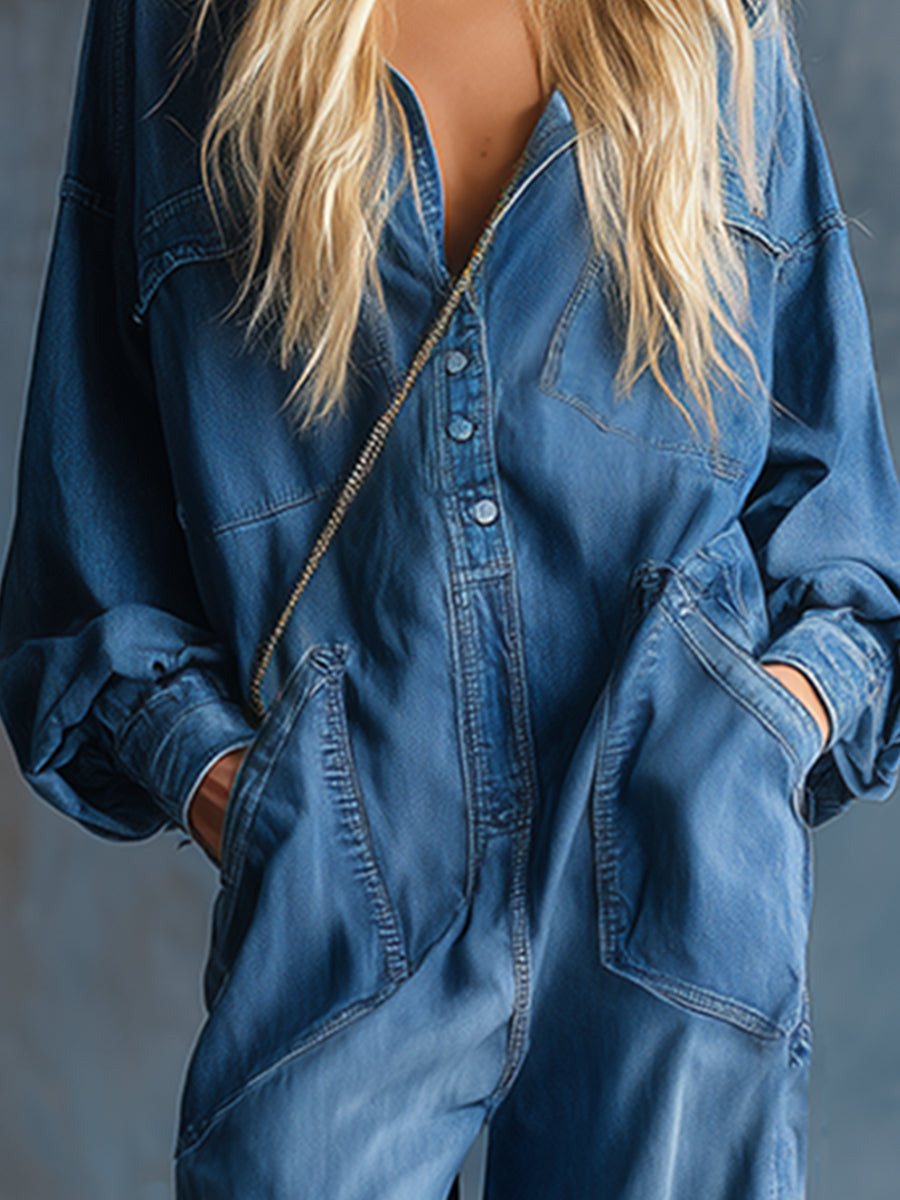 Blue denim hooded jumpsuit with button-front closure and long sleeves, designed for women, by My Store.