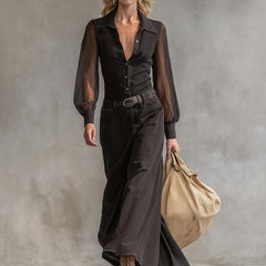 Black denim V-neck maxi dress by My Store, casual sleeveless dress with a flowing silhouette and V-shaped neckline.