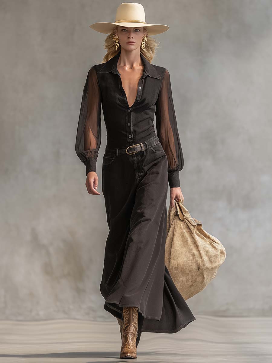 Black denim V-neck maxi dress by My Store, casual sleeveless dress with a flowing silhouette and V-shaped neckline.