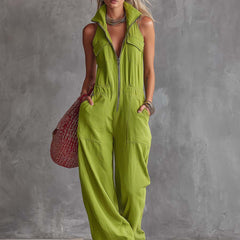 Bright green cotton linen women's jumpsuit with a zip-front, stylish and comfortable pants by My Store.