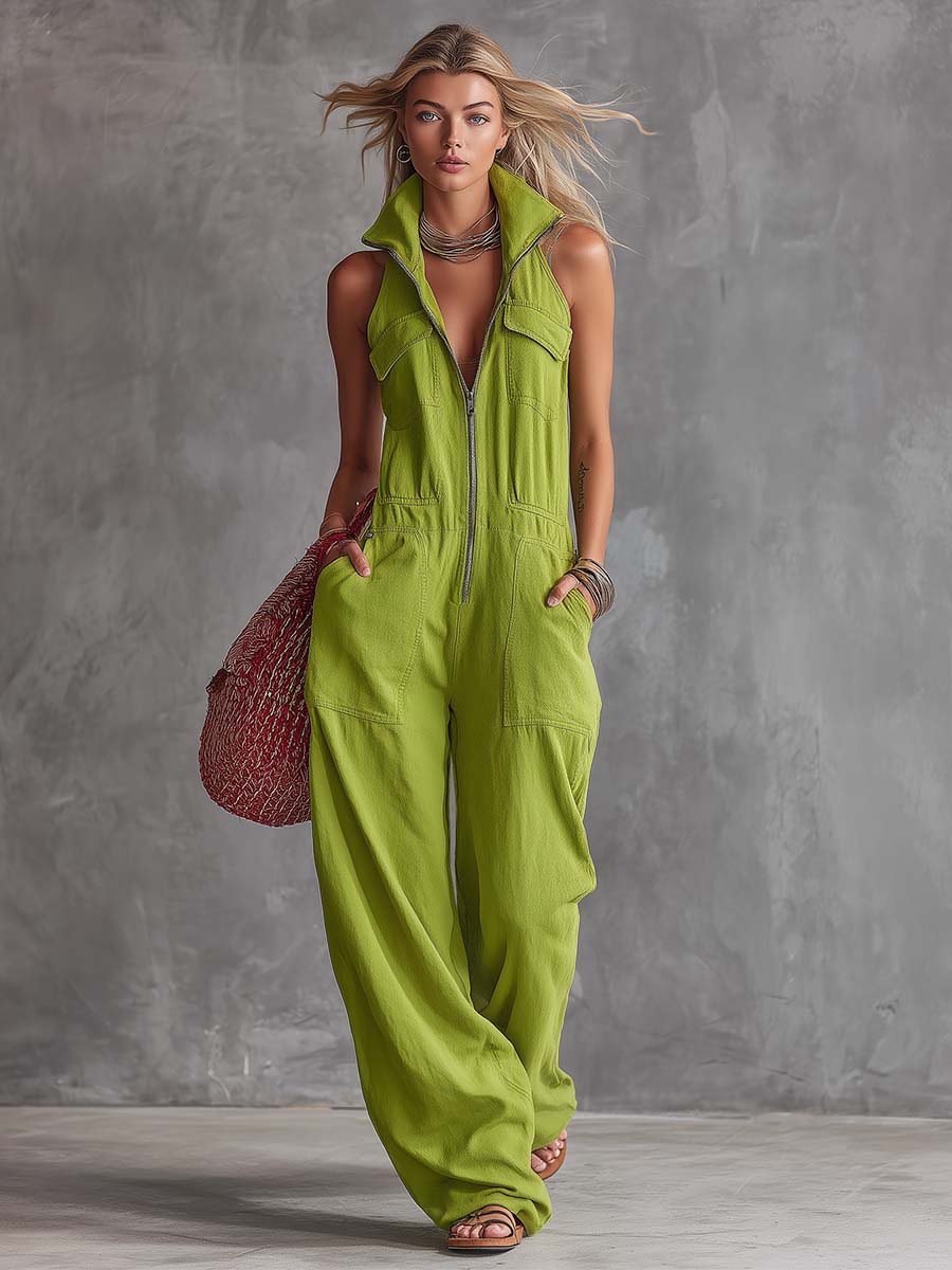 Bright green cotton linen women's jumpsuit with a zip-front, stylish and comfortable pants by My Store.