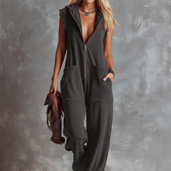 Raspberry red cotton hooded zip-front jumpsuit for women with long sleeves and front zipper, casual and comfortable style.