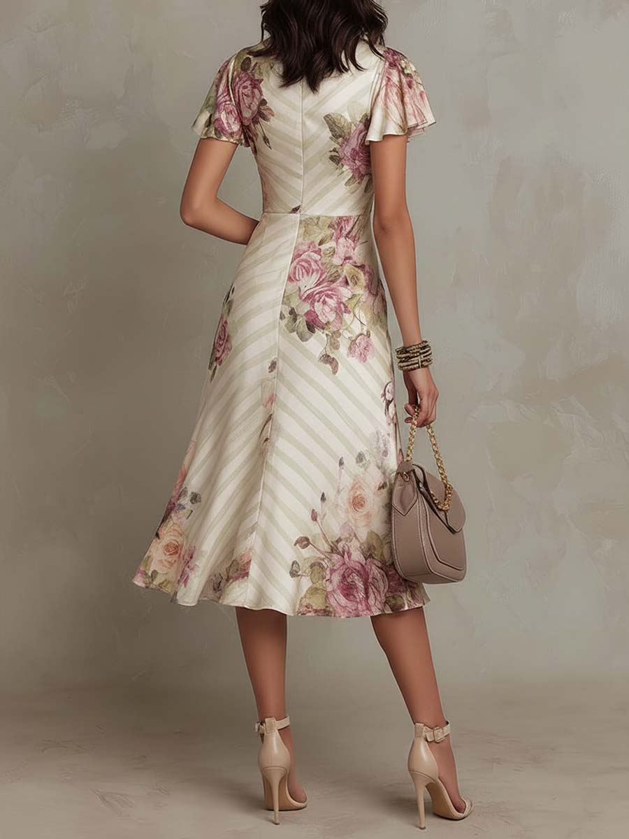 Elegant chiffon floral midi dress from My Store, showcasing a flowy evening dress with vibrant floral patterns and a fitted waist.