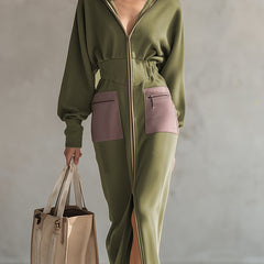 Green long sleeve maxi dress by My Store, elegant evening dress with flowing fabric and fitted waist.