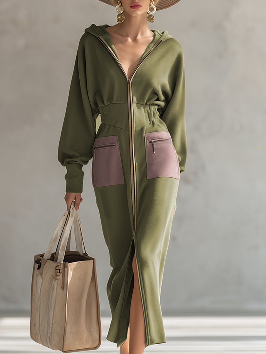 Green long sleeve maxi dress by My Store, elegant evening dress with flowing fabric and fitted waist.