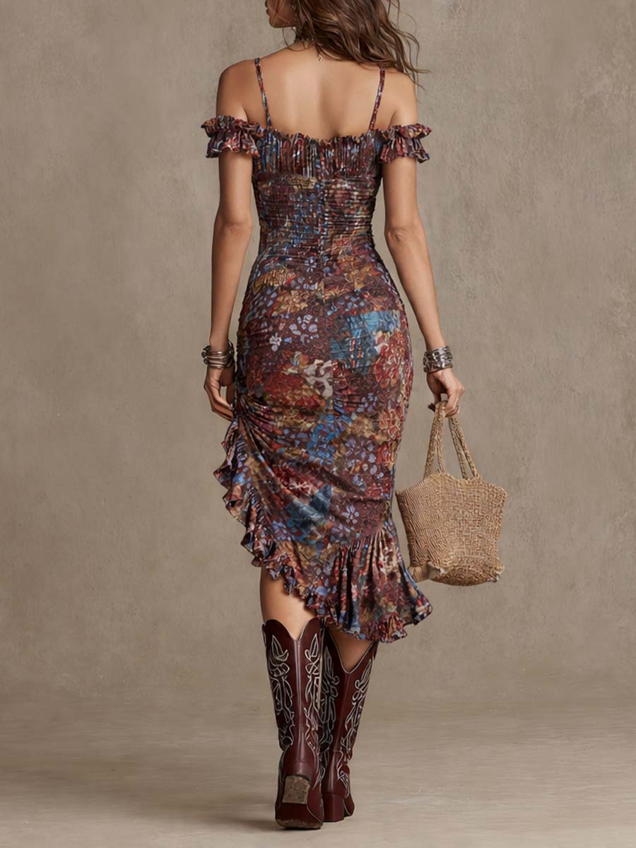 Floral midi dress by My Store featuring a flowy skirt and short sleeves, perfect for casual occasions, shown on a model.