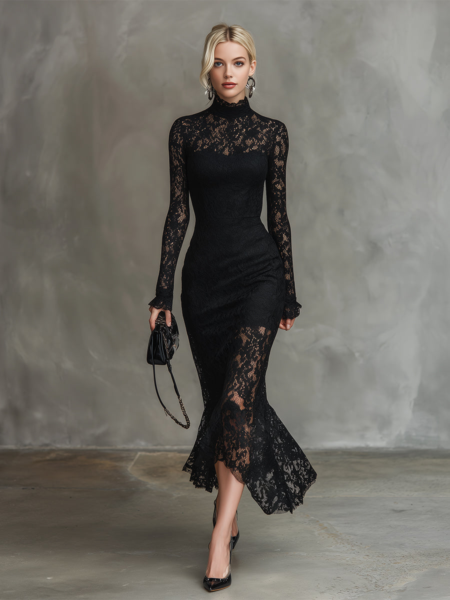 Black lace fishtail maxi dress from My Store featuring intricate lace details and a fitted evening dress silhouette.