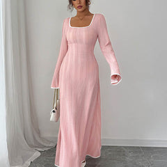 White A-line bodycon ribbed knit maxi dress with split joint and square neckline, stylish and fitted, from My Store.